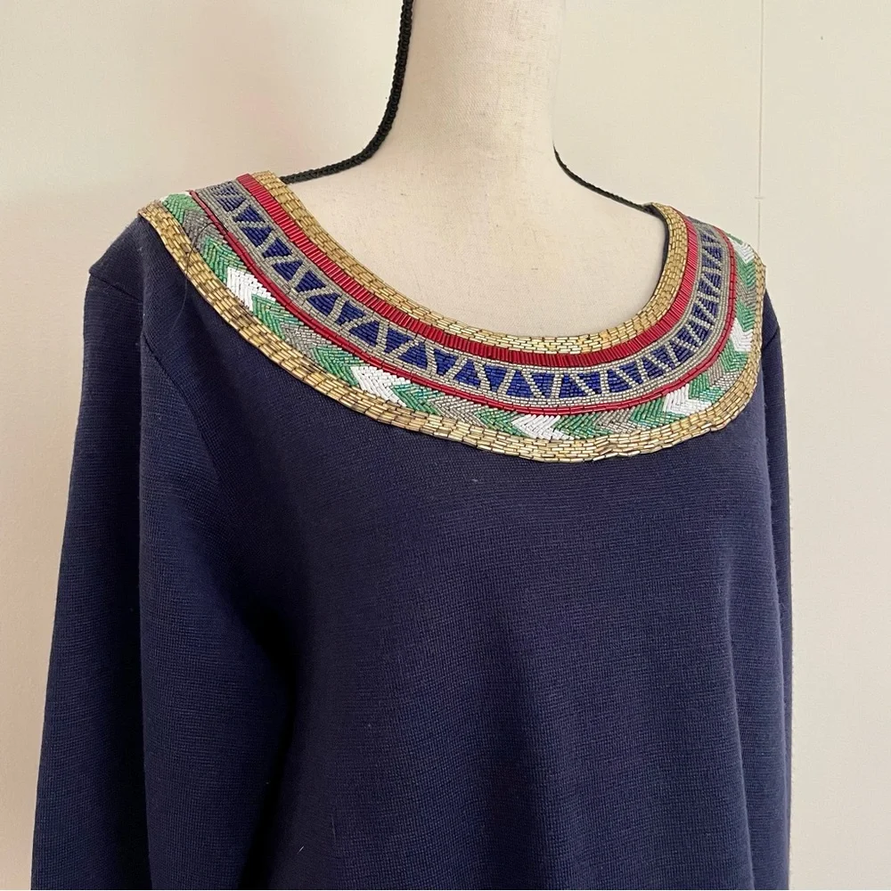 Vintage 80s Wool Beaded Midi Dress - Picture 3 of 6